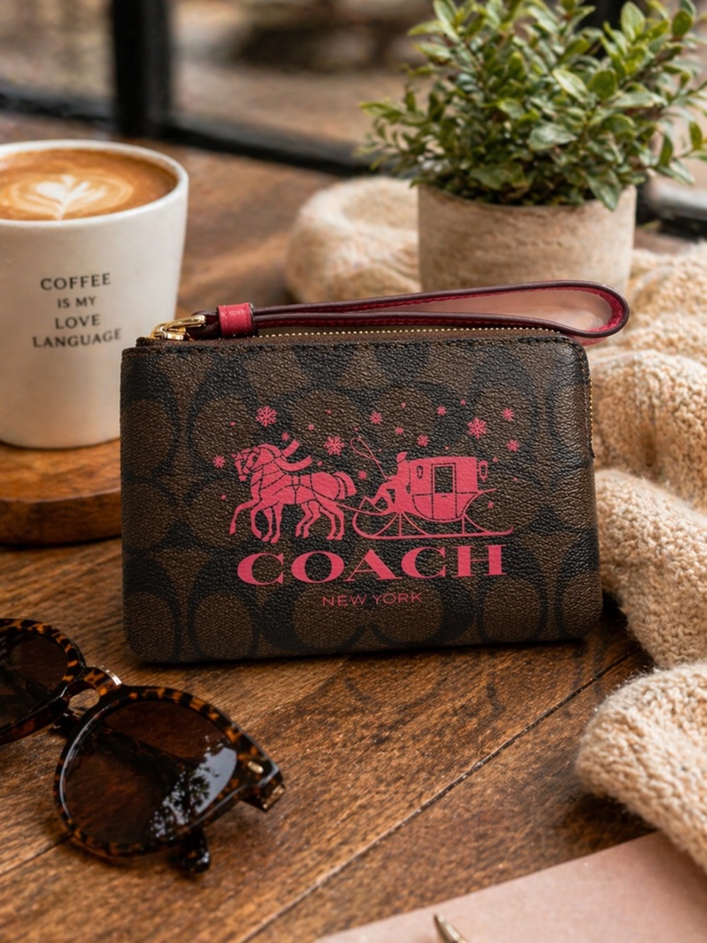 Coach Horse and Sleigh Print Corner Zip Wristlet in Signature Canvas EUC
